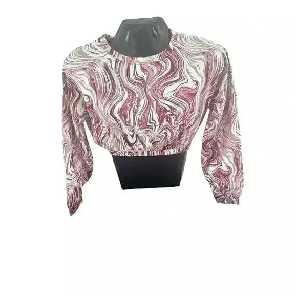 Womens Red White Marble Design Crop Top‎ Balloon Sleeve Size Medium M Midriff - Picture 2 of 13